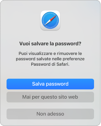 Una finestra di dialogo di Safari in cui viene chiesto se desideri salvare la password per un sito web.