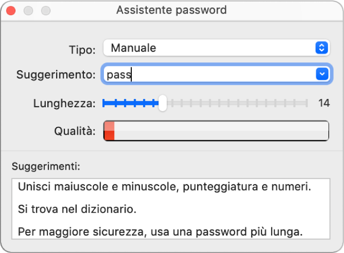 Finestra di Assistente Password che mostra le opzioni per creare una password sicura.