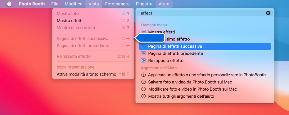 Il menu Aiuto di Photo Booth con un risultato di ricerca per un elemento del menu selezionato e una freccia che punta sull’elemento nei menu dell’app.