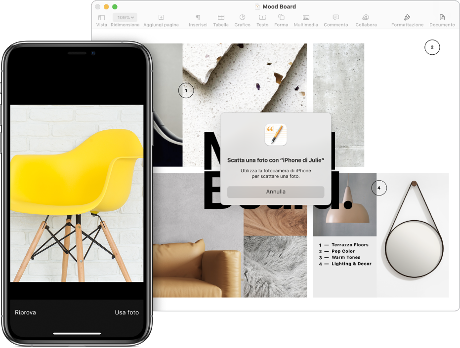 Una foto in iPhone e la stessa foto inserita in un documento su un Mac.