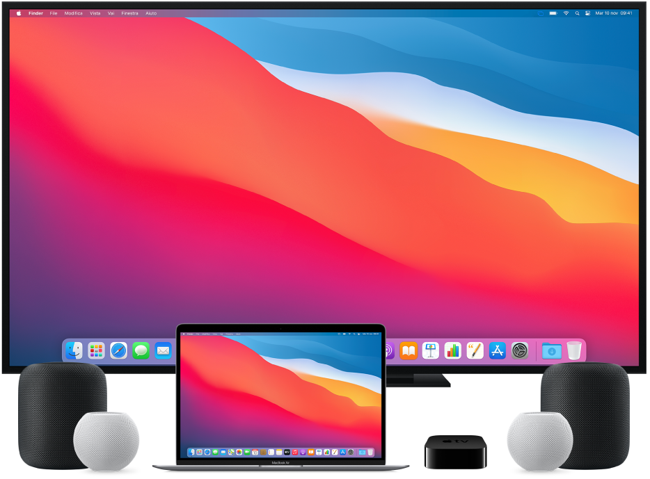 Un computer Mac e i dispositivi a cui può inviare contenuti in streaming utilizzando AirPlay; ad esempio, una Apple TV, un HomePod e due altoparlanti HomePod e un televisore smart.
