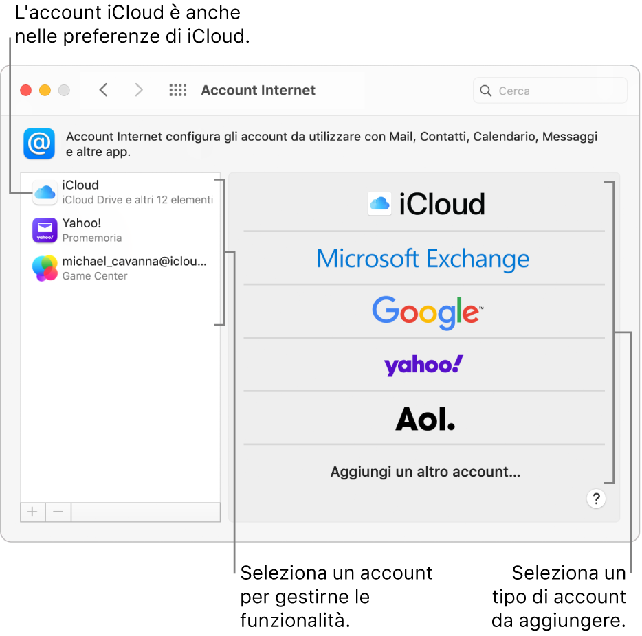 Preferenze Account Internet con gli account elencati a destra e i tipi di account disponibili elencati a sinistra.