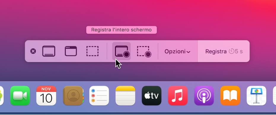La scrivania con l'app Istantanea Schermo aperta, pronta a registrare l'intero schermo.