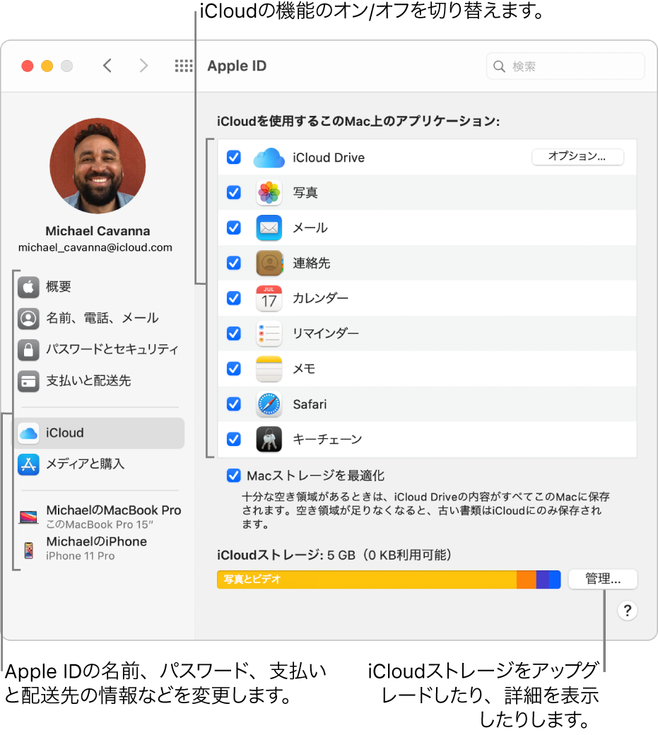 すべての機能が選択されているiCloud環境設定。