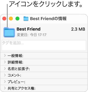 フォルダの「情報」ウインドウ。選択されたフォルダの一般的なアイコンが表示されています。