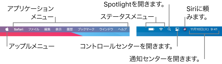 メニューバー。左側にアップルメニューとアプリケーションメニューがあります。右側に状況メニュー、Spotlight、コントロールセンター、Siri、および通知センターがあります。