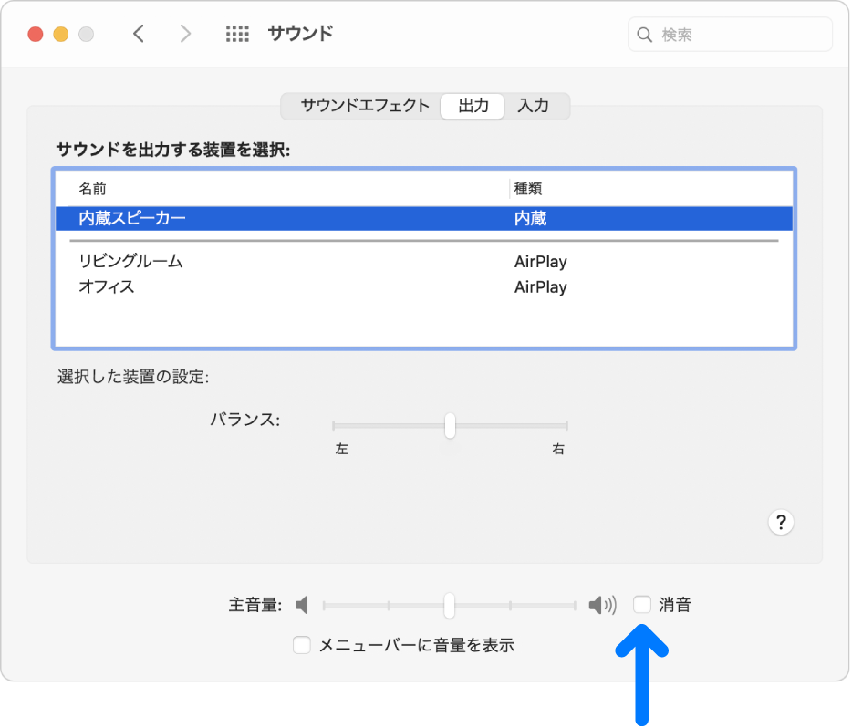 「サウンド」環境設定パネルの下部にある「消音」チェックボックス。