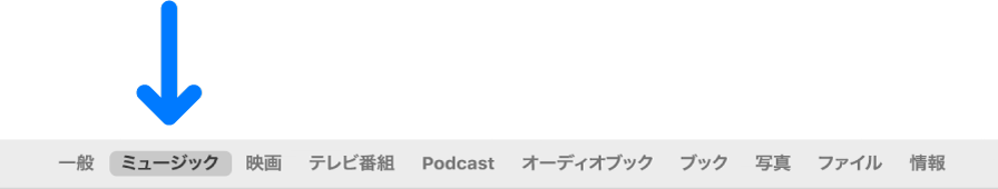 「ミュージック」が選択されているボタンバー。