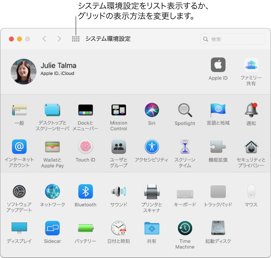 アイコンがグリッド状に表示されている「システム環境設定」ウインドウ。システム環境設定を一覧表示したり、グリッドの外観を変更したりする場合は、ウインドウのツールバーにある「すべてを表示」ボタンをクリックします。