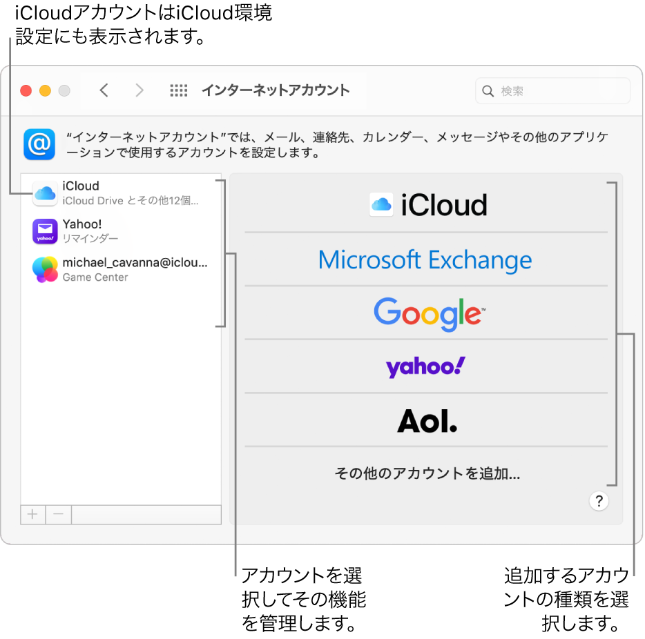 アカウントのリストが右側に表示され、使用可能なアカウントの種類が左側に表示されている「インターネットアカウント」環境設定。