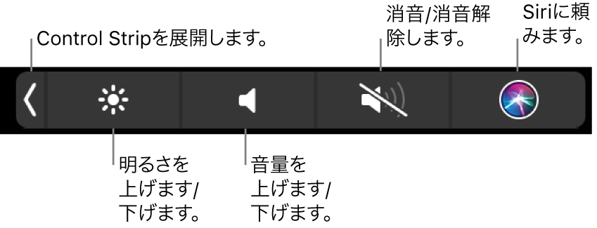 折りたたまれたControl Stripには、左から右へ順に、Control Stripを展開するボタン、ディスプレイの輝度および音量を調整するボタン、消音にしたり消音を解除したりするボタン、およびSiriに頼むボタンが含まれています。