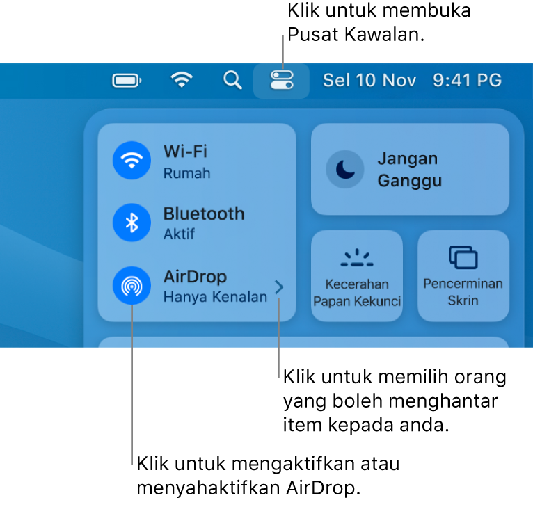 Tetingkap Pusat Kawalan menunjukkan kawalan untuk mengaktifkan atau menyahaktifkan AirDrop dan memilih orang yang boleh menghantar item kepada anda.