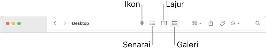 Bahagian atas tetingkap Finder menunjukkan butang pilihan Lihat untuk folder.