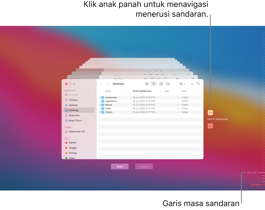 Apabila anda membuka Time Machine, anda melihat skrin kabur dengan berbilang skrin Finder bertindan untuk mewakili sandaran. Klik anak panah untuk menavigasi melalui sandaran anda (atau klik dalam garis masa sandaran di sebelah kanan) dan pilih fail mana untuk dipulihkan.