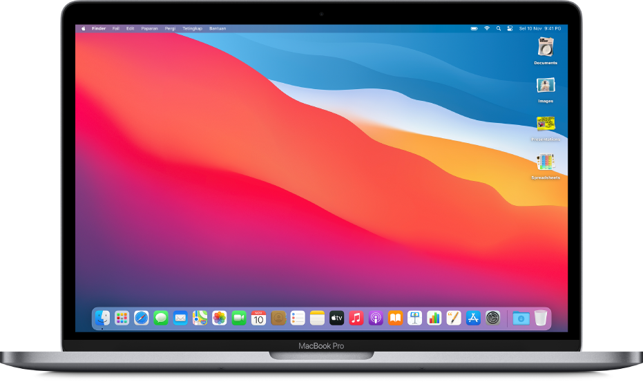 Desktop Mac dengan empat tindanan—untuk dokumen, imej, pembentangan dan hamparan—sepanjang pinggir kanan skrin.
