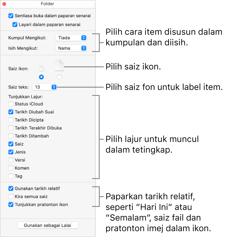 Pilihan paparan Senarai untuk folder.