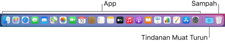 Dock menunjukkan ikon untuk app, tindanan Muat Turun dan Sampah.