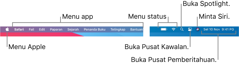 Bar menu. Pada sebelah kiri adalah menu Apple dan menu app. Di sebelah kanan ialah menu status, Spotlight, Pusat Kawalan, Siri dan Pusat Pemberitahuan.