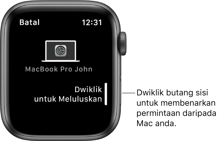 Apple Watch menunjukkan permintaan kelulusan daripada MacBook Pro.