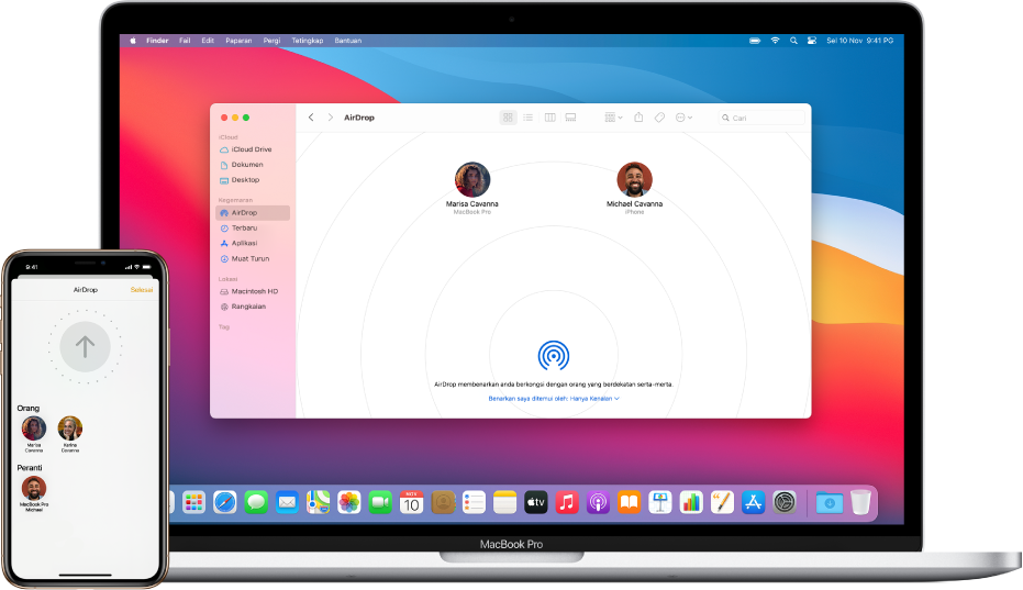 iPhone menunjukkan skrin AirDrop, bersebelahan Mac dengan tetingkap AirDrop dibuka dalam Finder.