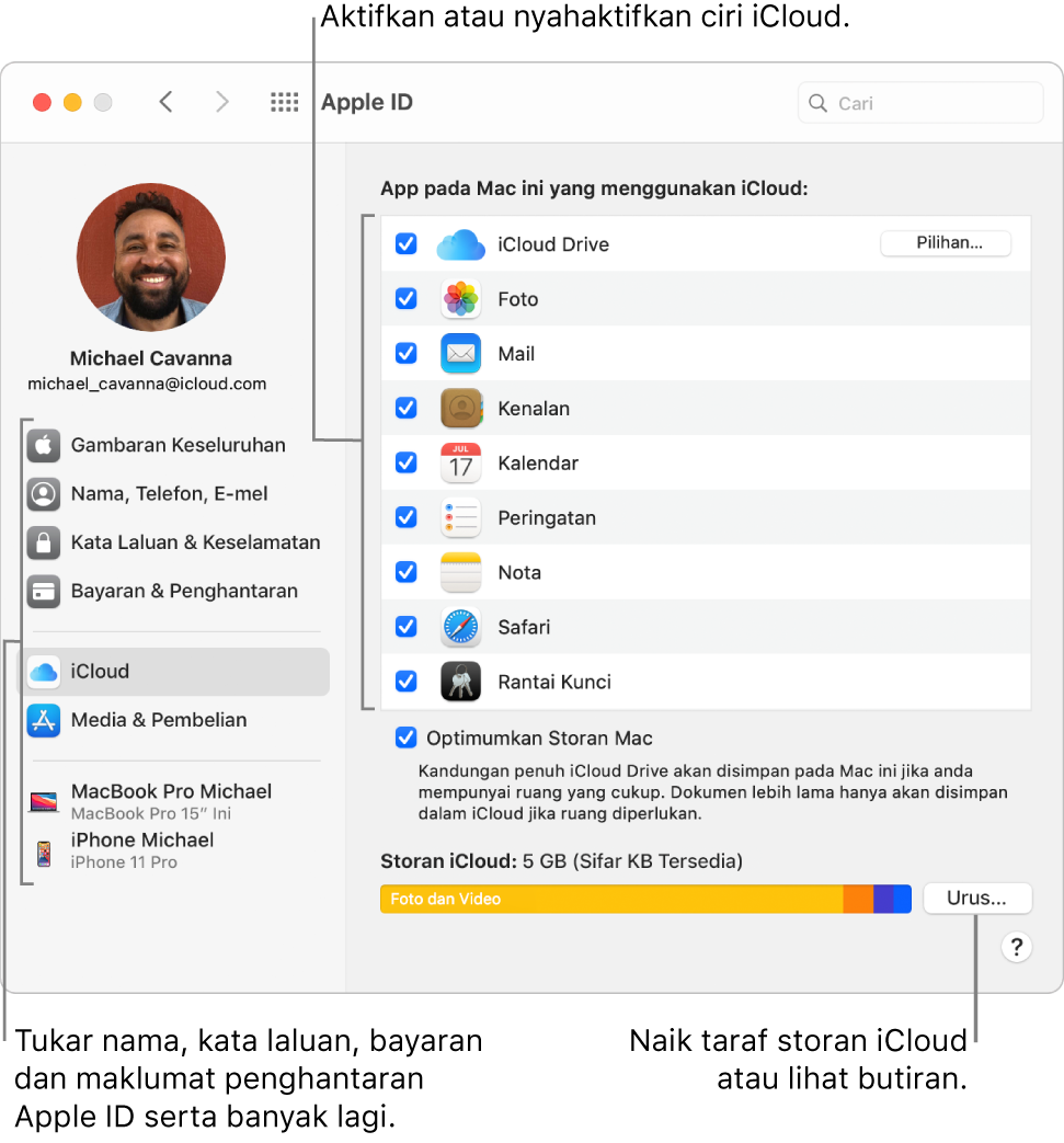 Keutamaan iCloud dengan semua ciri dipilih.