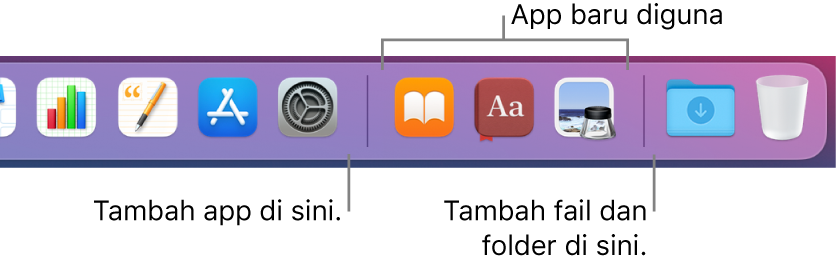 Sebahagian daripada Dock menunjukkan garis pemisah antara app, app yang terbaru digunakan dan fail dan folder.