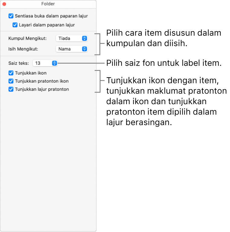 Pilihan paparan lajur untuk folder.
