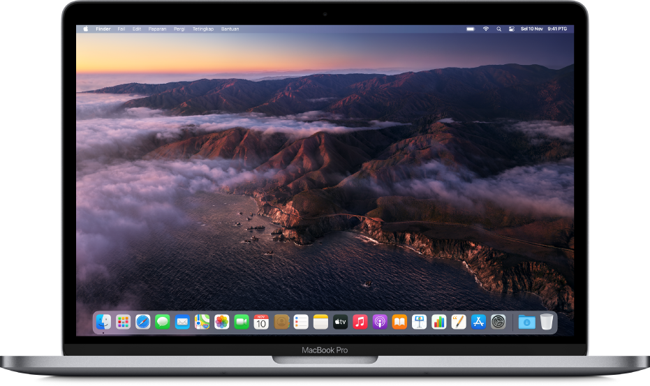 Desktop menunjukkan gambar desktop macOS Big Sur yang dinamik.