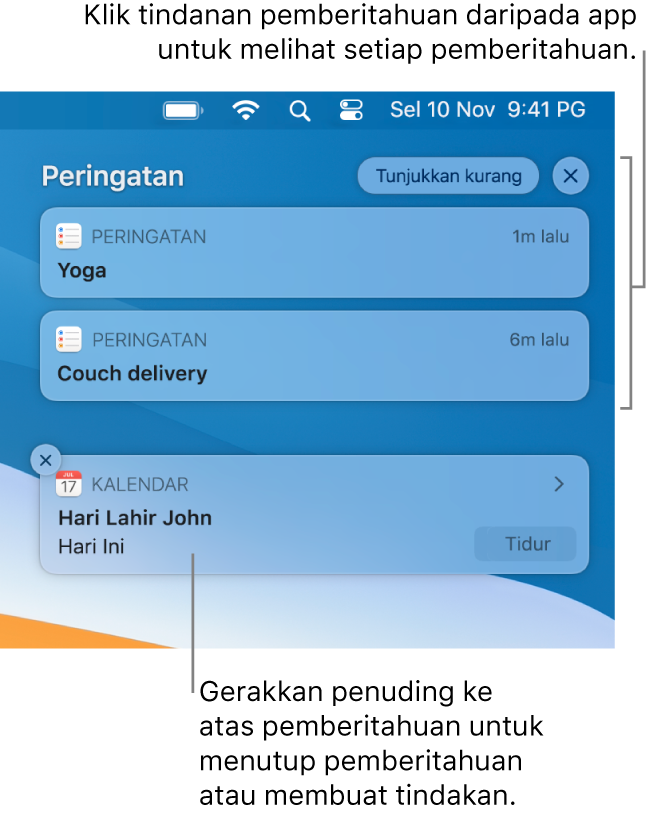 Pemberitahuan di penjuru kanan atas desktop, termasuk tindanan dibuka dua pemberitahuan Peringatan dengan butang “Tunjukkan kurang” untuk meruntuhkan tindanan dan satu pemberitahuan Kalendar dengan butang Tidur.