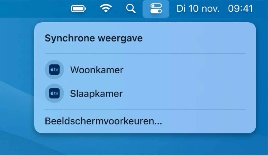 Opties voor synchrone weergave, waaronder 'Apple TV', in het bedieningspaneel.