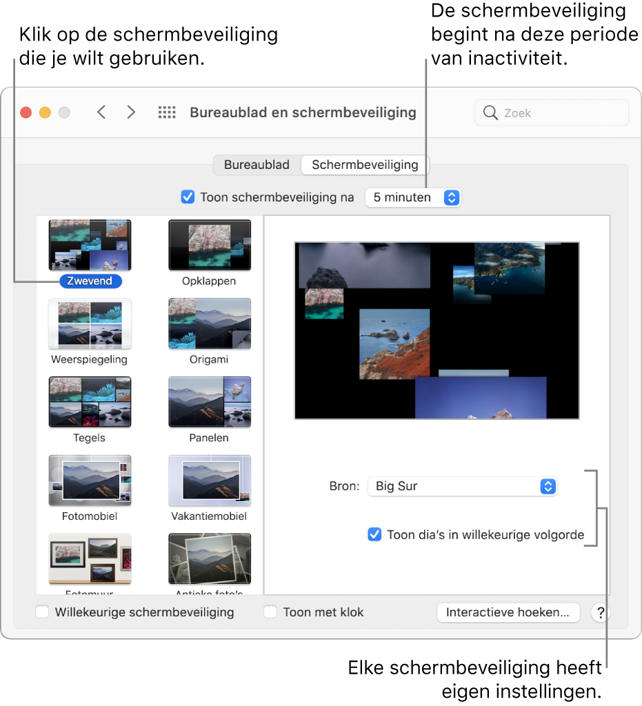 Het paneel 'Schermbeveiliging' in Systeemvoorkeuren.