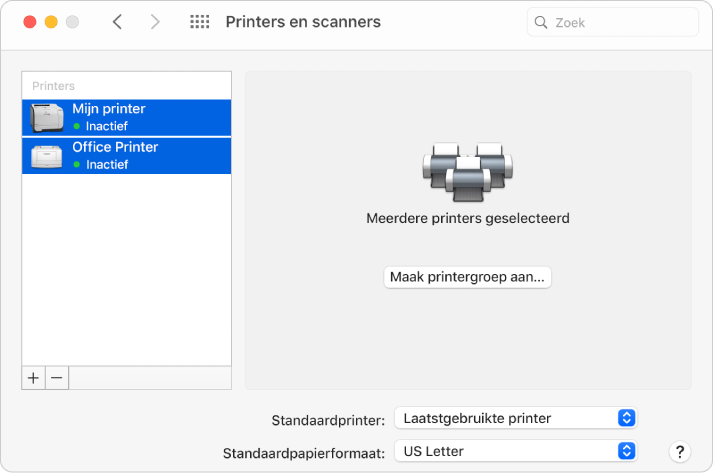 Het dialoogvenster 'Printers en scanners' waarin twee printers geselecteerd zijn in de lijst met printers. Aan de rechterkant staat de knop 'Maak printergroep aan'.