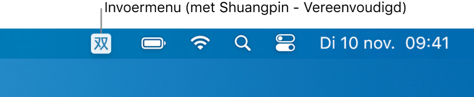 De rechterkant van de menubalk. Het invoermenusymbool is te zien, met daarop 'Shuangpin - Vereenvoudigd'.