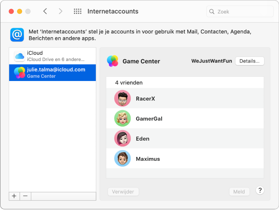 Een Game Center-account die is geselecteerd in 'Internetaccounts'. Rechts worden gamevrienden weergegeven.