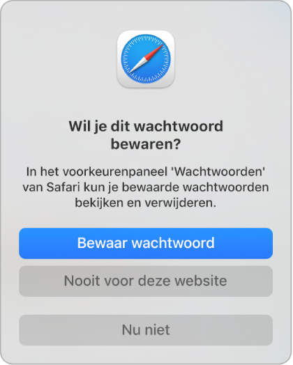 Een dialoogvenster in Safari waarin je wordt gevraagd of je het wachtwoord voor een website wilt bewaren.