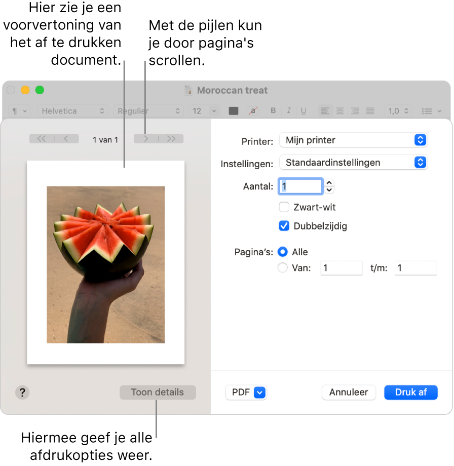 In het afdrukvenster zie je een voorvertoning van je afdruktaak. Klik op de knop 'Toon details' om alle afdrukopties weer te geven.