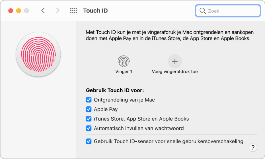Het voorkeurenpaneel 'Touch ID' met een voltooide vingerafdruk die kan worden gebruikt om de Mac te ontgrendelen.