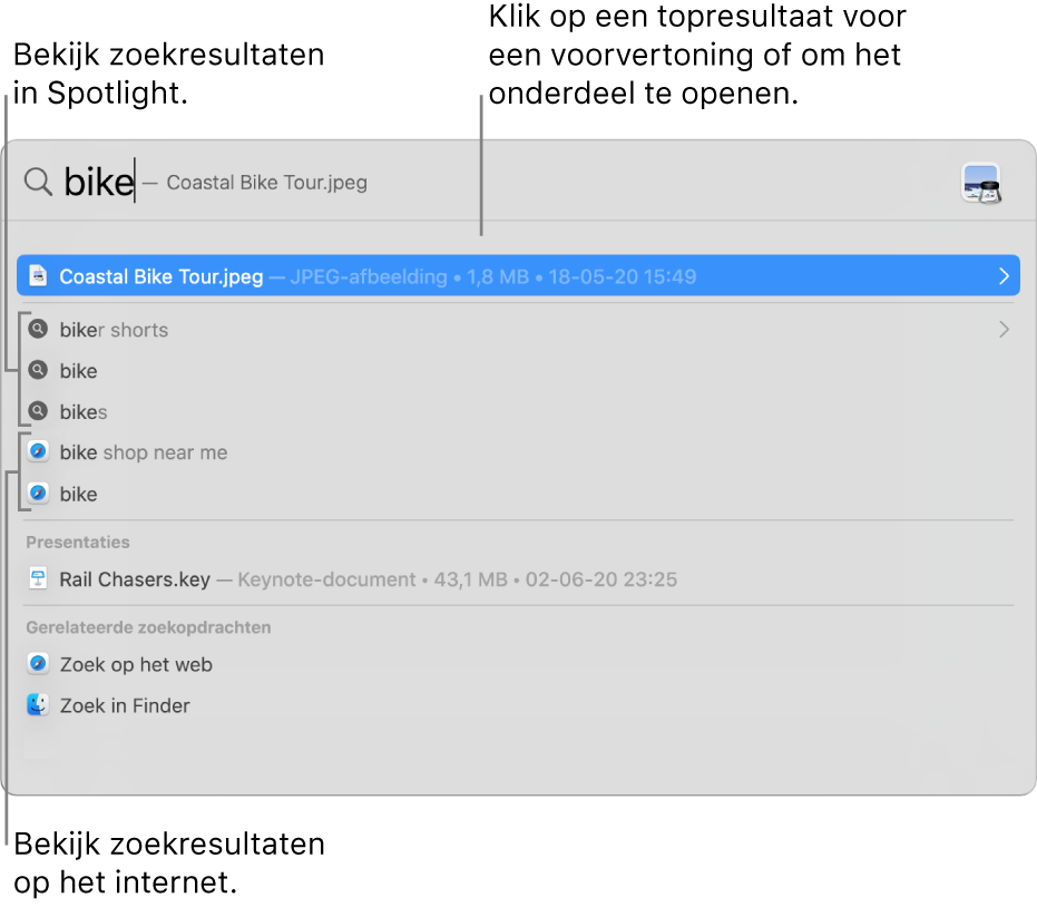 Het Spotlight-venster met zoektekst in het zoekveld boven in het venster en eronder zoekresultaten.