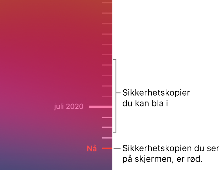 Aksemerker i sikkerhetskopitidslinjen. Det røde merket viser sikkerhetskopien du navigerer i.