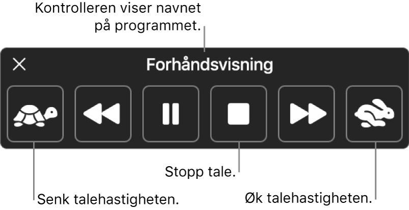 Kontrolleren på skjermen som kan vises når Macen leser opp markert tekst. Kontrolleren har seks knapper der du, fra venstre til høyre, kan redusere talehastigheten, hoppe bakover én setning, spille av opplesingen eller stoppe opplesingen midlertidig, stoppe opplesingen, hoppe framover i én setning og øke talehastigheten. Navnet på programmet vises øverst på kontrolleren.