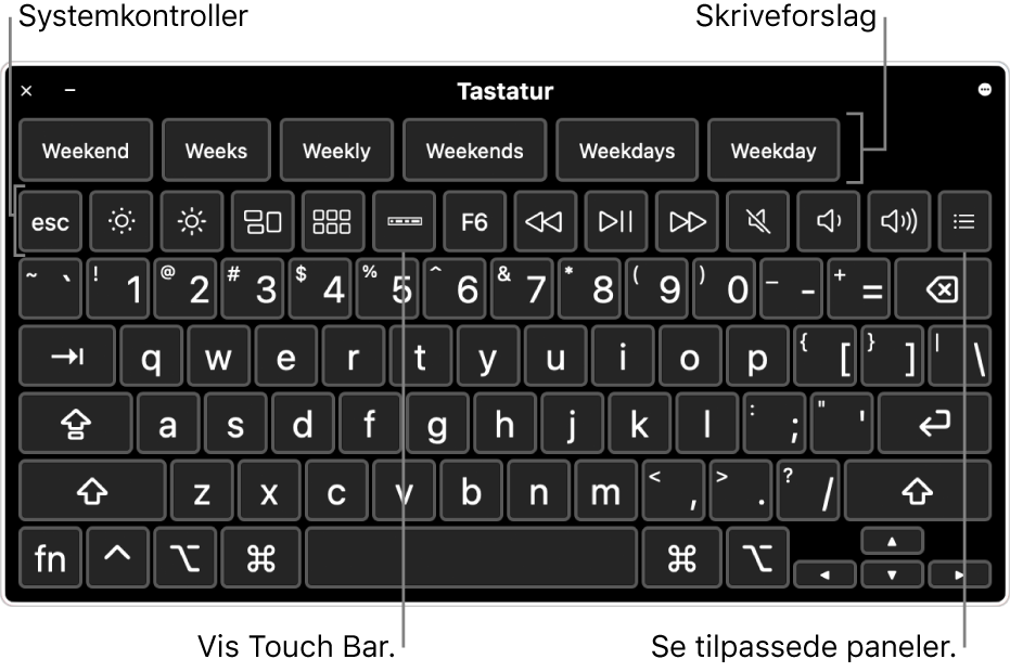 Tilgjengelighetstastaturet med skriveforslag øverst. Under er en rad med knapper for systemkontroller for å gjøre ting som å justere skjermlysstyrken, vise Touch Bar på skjermen, og vise tilpassede paneler.