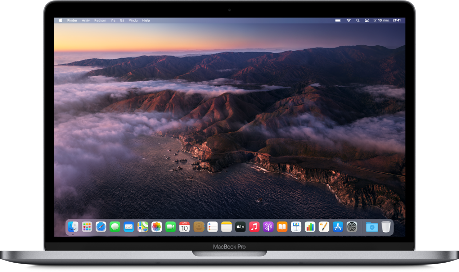 Skrivebordet, som viser et dynamisk bakgrunnsbilde i macOS Big Sur.