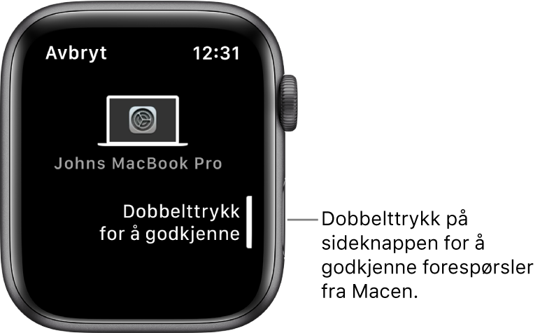 Apple Watch som viser en godkjenningsforespørsel fra en MacBook Pro.