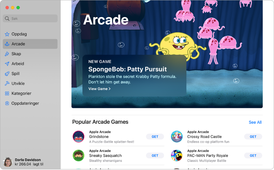 Hovedsiden for Apple Arcade. Et populært spill vises i ruten til høyre med andre tilgjengelige spill nedenfor.