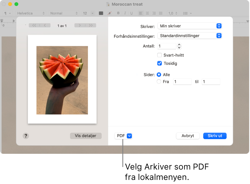 Klikk på PDF-lokalmenyen, og velg deretter Arkiver som PDF.