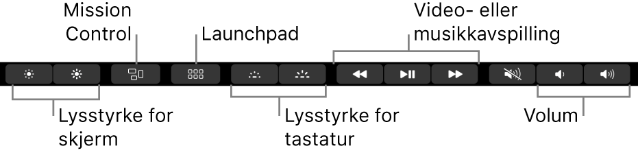 Knapper i Control Strip, som er utvidet, inkluderer, fra venstre mot høyre, skjermlysstyrke, Mission Control, Launchpad, tastaturbelysning, video- eller musikkavspilling og volum.