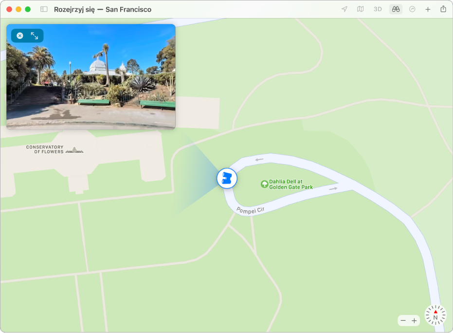 Mapa Golden Gate Park z widokiem 3D określonego miejsca.