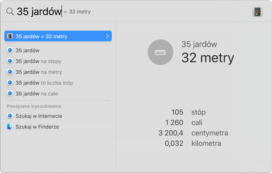 Okno Spotlight z widoczną w polu wyszukiwania konwersją jardów na metry. Po lewej widoczna jest lista z wynikami wyszukiwania. Podgląd po prawej zawiera dodatkowe konwersje.