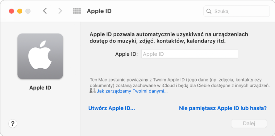 Okno dialogowe Apple ID, w którym można wprowadzić Apple ID. Łącze Utwórz Apple ID pozwala utworzyć nowy Apple ID.