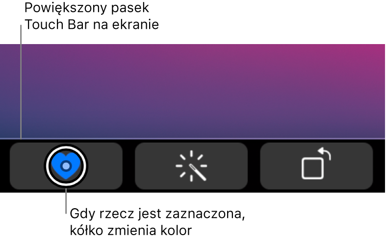 Powiększony pasek Touch Bar wzdłuż dolnej krawędzi ekranu; kółko na przycisku zmienia się, gdy przycisk zostaje zaznaczony.
